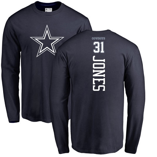 Men Dallas Cowboys Navy Blue Byron Jones Backer #31 Long Sleeve Nike NFL T Shirt